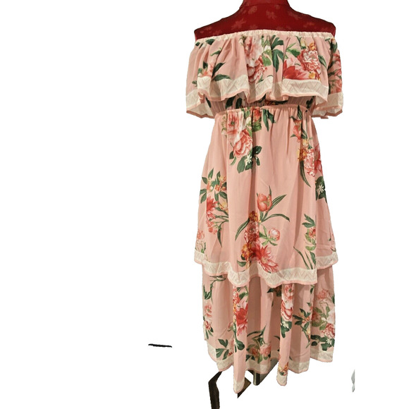 Lulus M Peachy Pink Off The Shoulder Peasant Style Sun Dress Floral Ruffles Lace - Picture 8 of 10